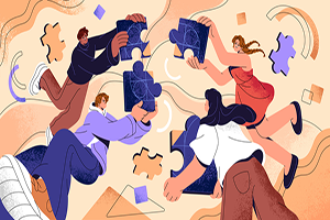 Illustration of individuals collaborating to put together a puzzle.
