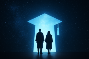 Two college students stand before an open doorway shaped like a graduation cap