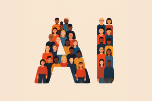 The letters "AI" comprised of different people