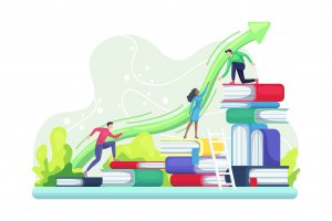 illustrated figures help one another climb a staircase made out of books
