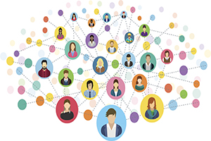 web of cartoon figurine headshots connected by intersecting lines