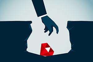 Illustrated hand reaching for a red gem hidden in a crevasse.