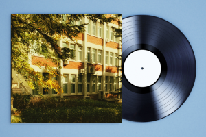Album cover showing a college dorm with a vinyl record