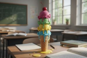 Ice cream cone melting onto a school desk