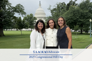 AACRAO Hill Day Advocates Dr. Sara Sullivan and Emily Gallagher of Cornell University, and Vicki Walker of NYIT College of Osteopathic Medicine-Arkansas, stand together with the Capitol building behind them.
