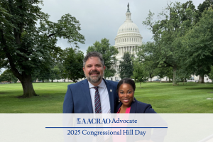 AACRAO Hill Day advocates Will Lipske and Yasmine Hill stand in front of the Capitol building.