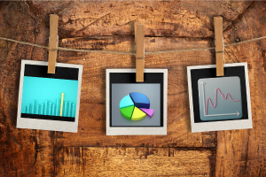 Polaroid pictures with snapshots of data visuals