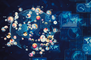 Globe graphic with bubbles of activity and charts.