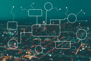 A city with flowchart overlay