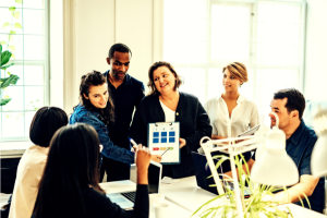 Group of coworkers looking at data