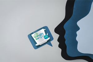 Faces with a dialog box showing the Transfer Tea podcast logo