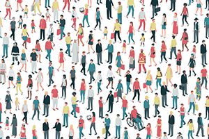 diverse crowd of little illustrated figures walking in every direction