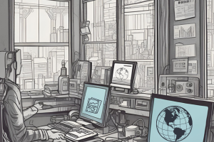 A desk workspace with computers showing a globe and a document, suggesting a tech or research setting