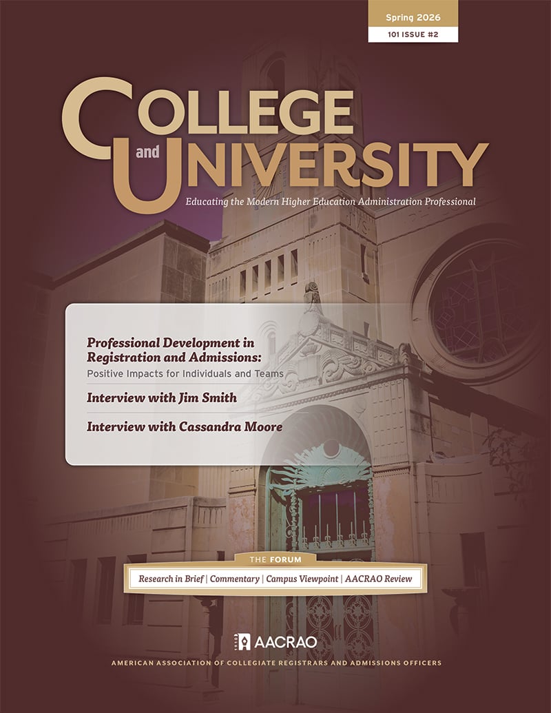 College and University magazine cover for Spring 2026 issue #2, featuring professional development in registration and admissions and interviews with Jim Smith and Cassandra Moore