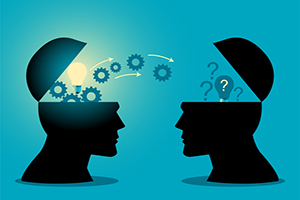 Artist representation of two open minds sharing knowledge.