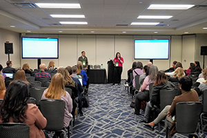 Presenter speaking to an audience in a conference room with attendees seated in rows