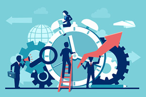 cartoon figures working on a large stop watch with gears and graphs coming out of the side