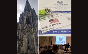 left side is a photo of a gothic cathedral and the right side is Melanie Gottlieb's name tag