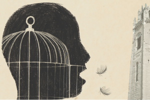 Silhouette of a woman with a birdcage on her head, looking toward a tall building as birds fly away