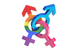 interlocking gender symbols in pink, blue, and rainbow