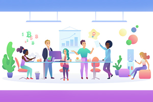cartoon people collaborate at work in a heavily stylized cartoon workplace