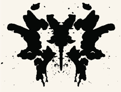 Black rorschach ink blot on a blank background.