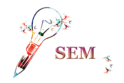 Edison lightbulb with a pencil extending out of it next to the word "SEM".