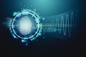 Finger print in the center of a cyber blue circular frame with sound waves extending from either side of the circle.