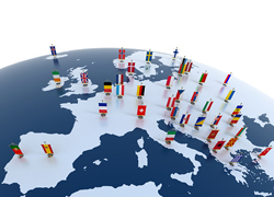 Map of Europe with the national flag visible above each respective country.