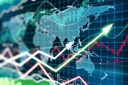 Various arrows, most of which are trending upwards, are overlayed on a pixelated screen showing a global map.