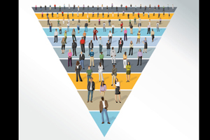 figures standing on different tiers of a triangle that's pointing down