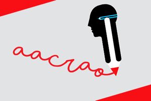 pencil in the shape of a human head scribbles "AACRAO" in red