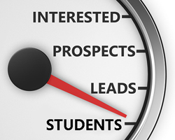 Fuel gauge with the following words in place of the typical markings: interested, prospects, leads, students.