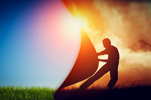 Silhouette against a cloudy background pulls back a curtain to reveal a sunny day with blue skies.