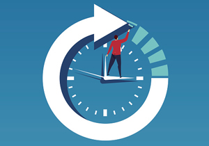 Illustrated figure cleans the dial of a giant clock as they stand on the hour hand.