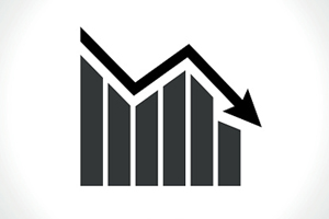 Simplified bar graph with a downward sloping trend line.