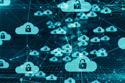 A web of interconnected blue translucent cloud icons with the symbol of a lock on them.
