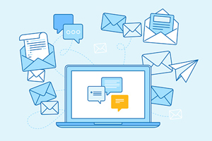 Light blue illustrated laptop with dozens of email and letter icons circling the monitor.