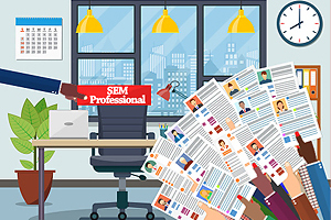 empty office chair with a sign saying "SEM Professional" and dozens of cartoon hands holding out resumes