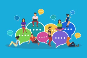 illustration of 8 people standing and sitting near chat bubbles