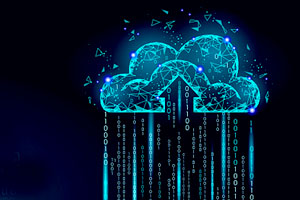 A translucent cloud symbol rains binary