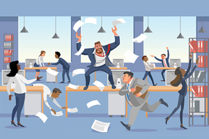 cartoon man standing atop a table throws papers in the air while other cartoon figures run around the office