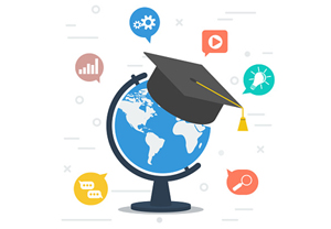 globe wearing a graduation cap and various symbols radiating from the center of the image