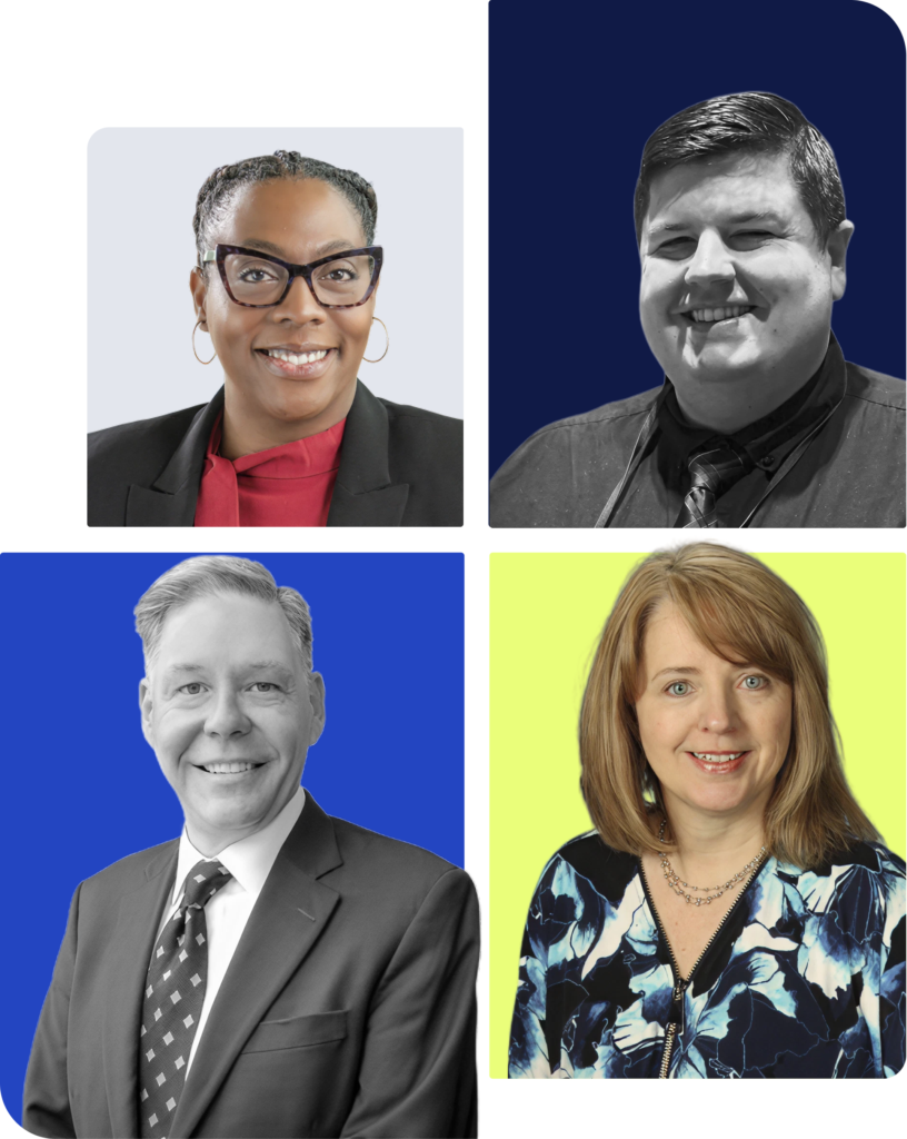 
A grid of four professional headshots against colorful backgrounds.