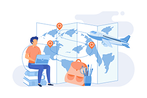 Two travelers using a world map with location pins and an airplane in the background