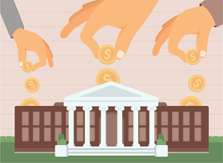 Illustrated hands drop gold coins into a depiction of federal style building.