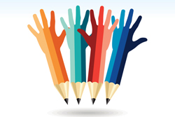 Four pencils made out of rainbow colored hands.