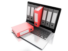 Laptop with grey binders on the display and two red binders coming out of the display.