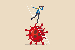 ladder propped up on representation of a virus with a figure having climbed the ladder and is now looking out with a telescope