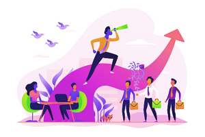 cartoon figure stands atop a purple arrow growing out of the ground as if it were a tree and looks out using a green telescope while other figures look up in marvel